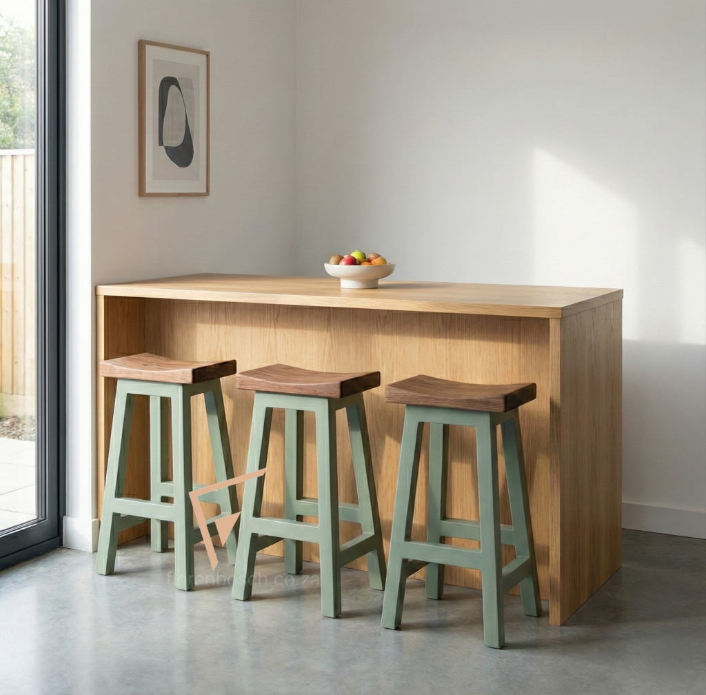Three sage green wooden bar stools at a light wood kitchen island.