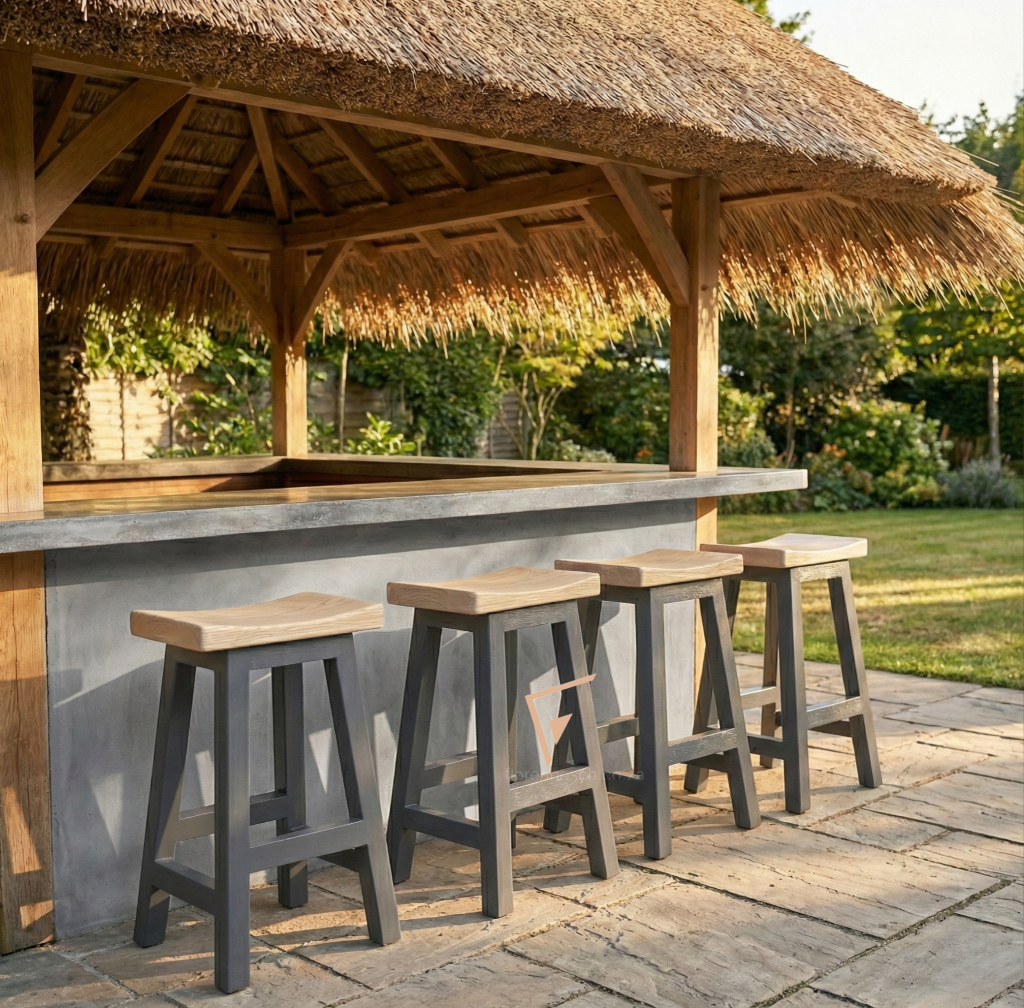 Row of four charcoal wooden stools at an outdoor bar under a thatch roof lapa.