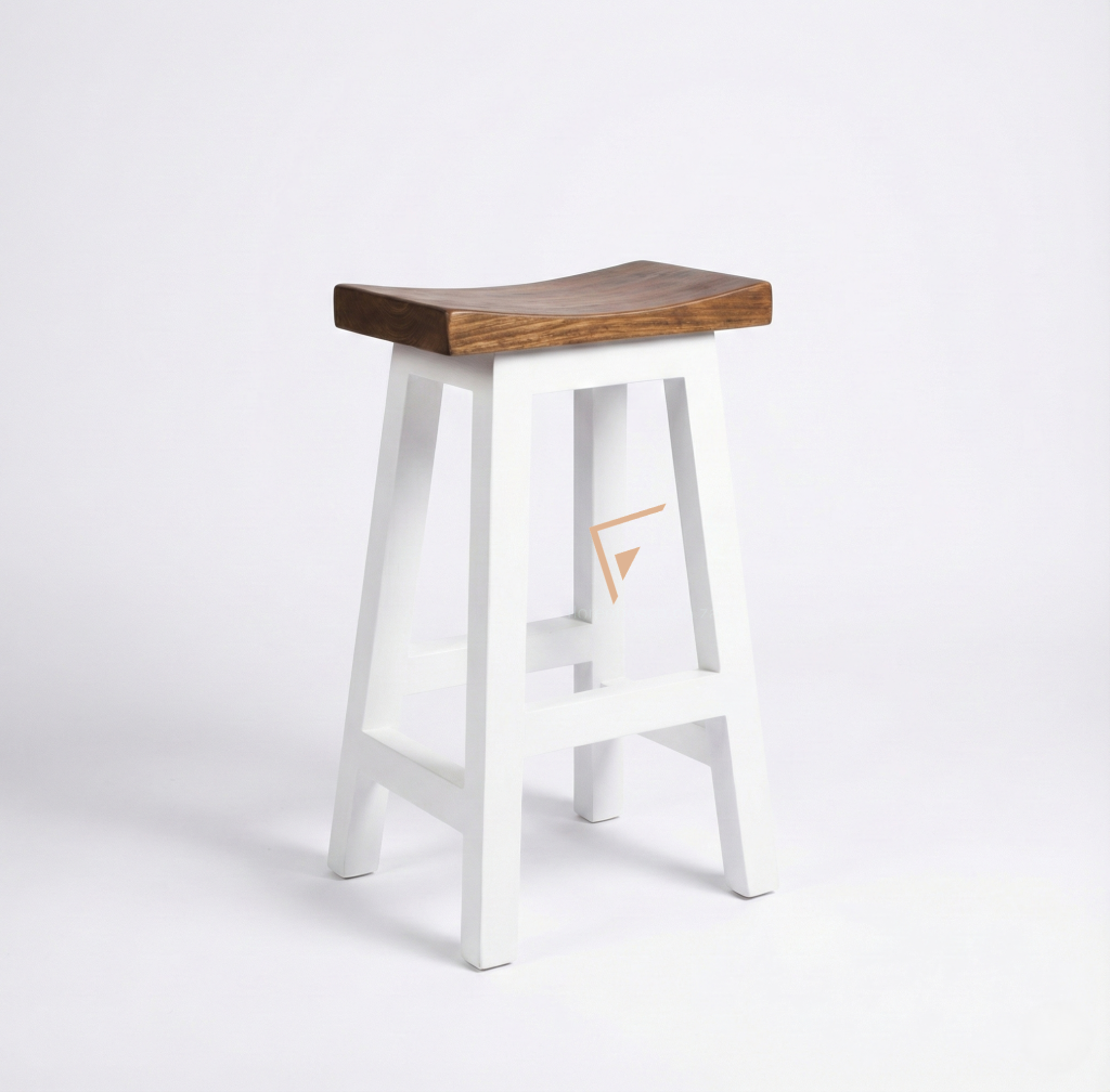 White wooden saddle stool with natural timber seat.