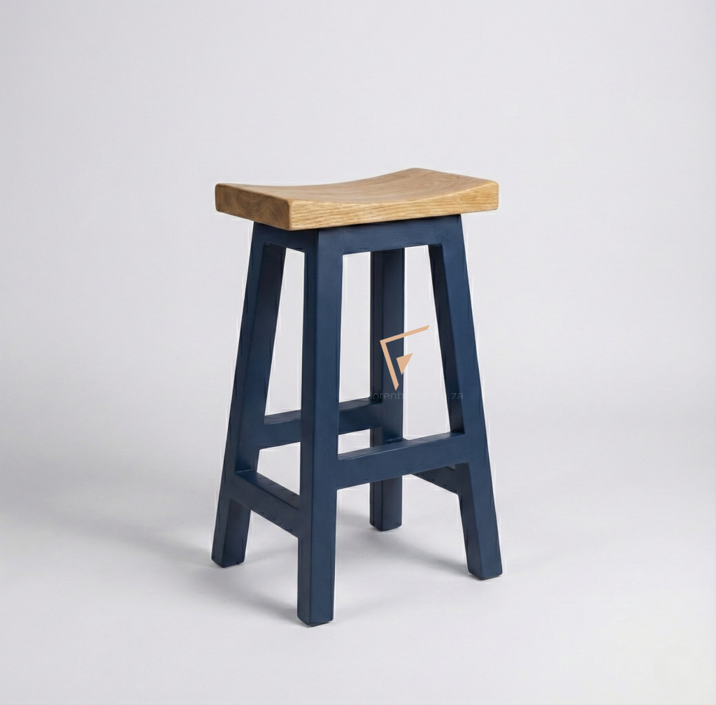 Side view of a Navy Blue Florenbosch saddle stool.