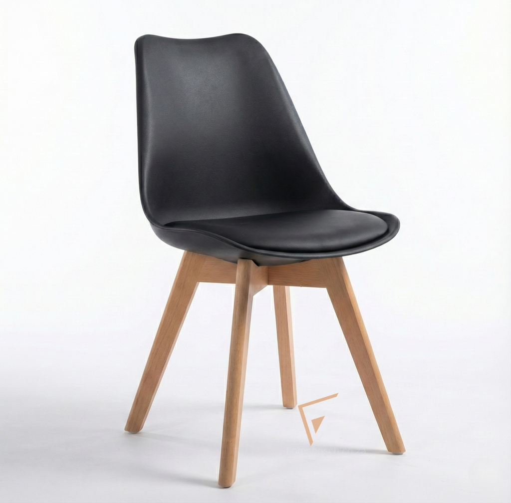Black modern dining chair with faux leather seat pad, side view.