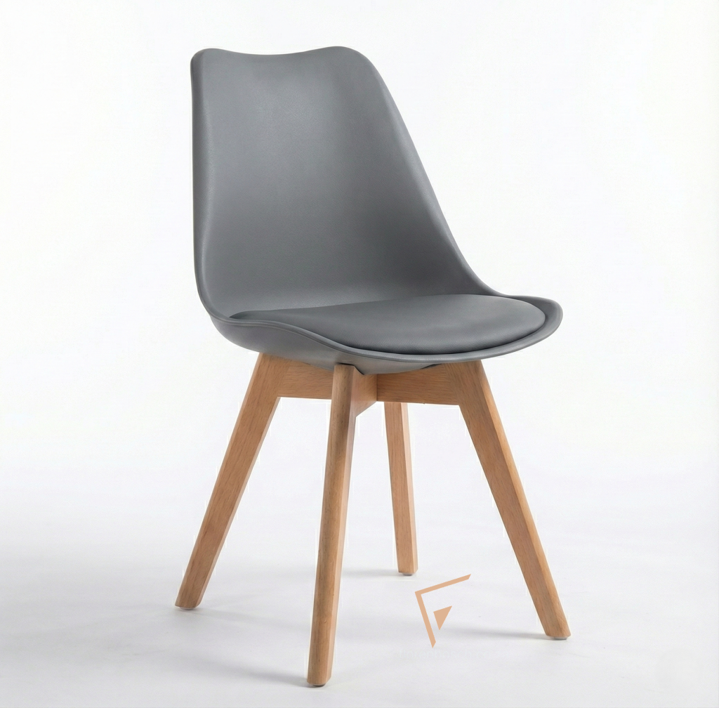 Grey Scandinavian bucket chair with wood legs on white background