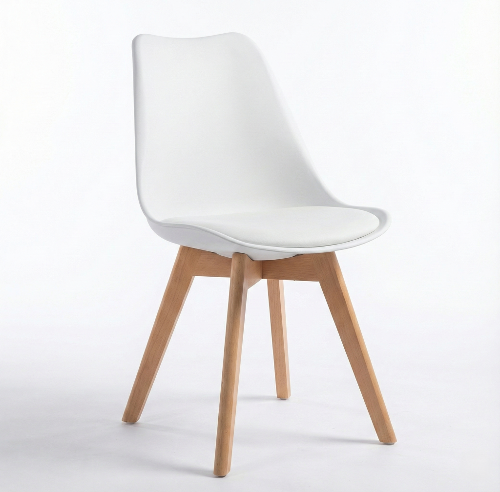 White Nordic style dining chair with soft padded seat and beech wood legs.