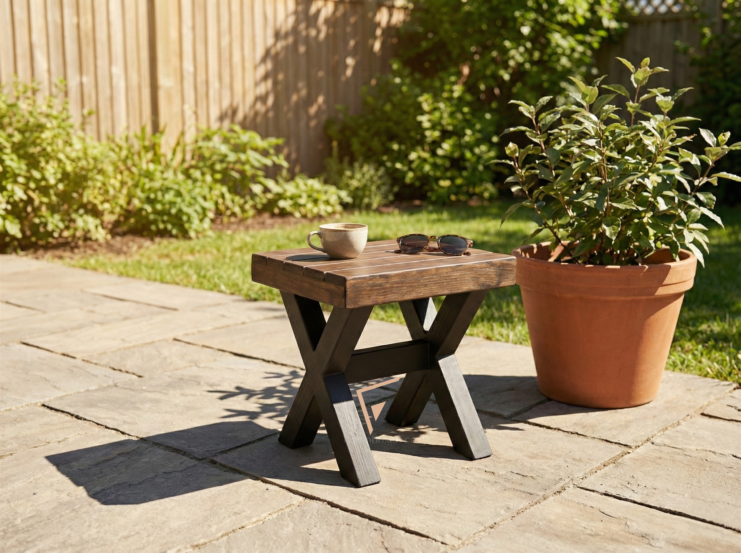 Rustic X-Leg Wooden Stool | Chunky Industrial Side Table | Solid Timber Top
