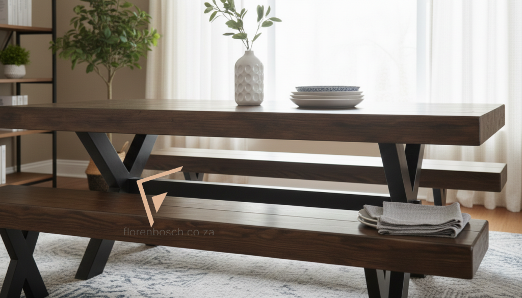 Close-up of a chunky solid timber tabletop and bench showing the natural wood grain and black metal X-leg joint.