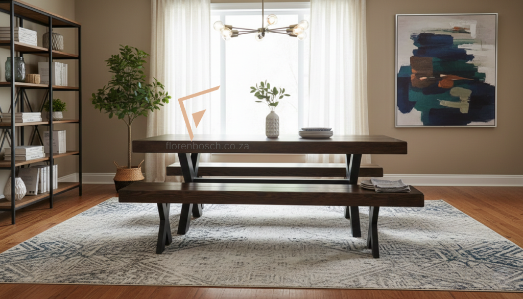A rustic solid timber dining table with matching benches featuring black industrial X-frame legs, set in a modern neutral dining room.