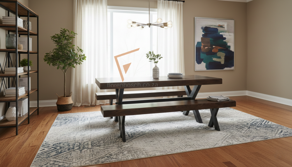Side perspective of a thick solid wood dining set with X-shaped metal legs in a brightly lit, contemporary room.