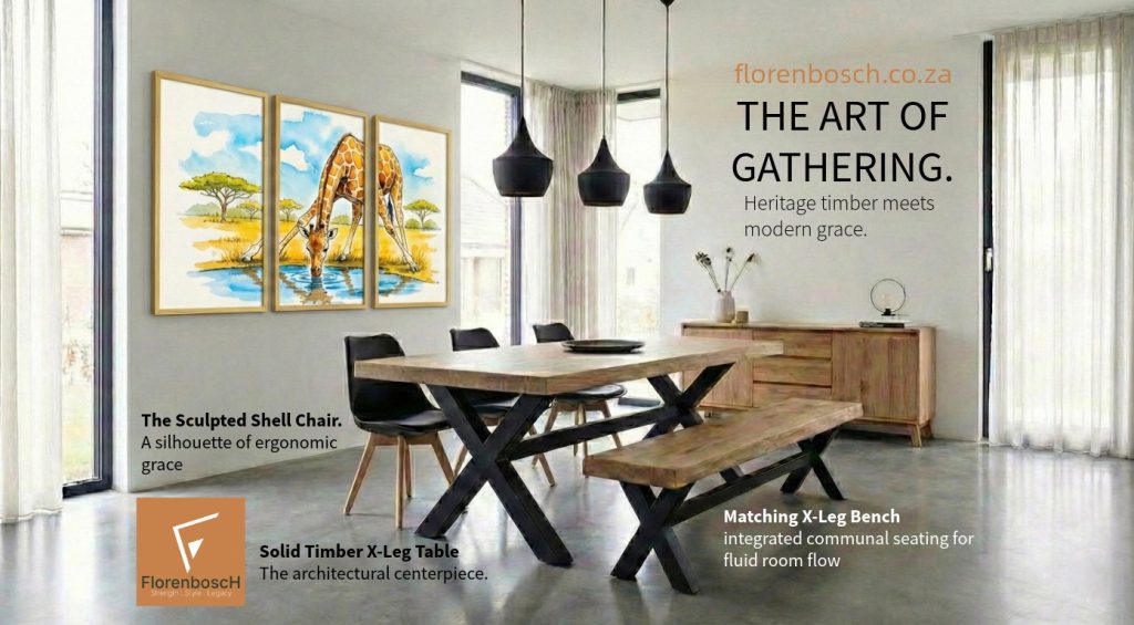 FlorenBosch advertisement featuring a solid timber X-leg dining table, a matching wooden bench, and two black sculpted shell chairs in a modern dining room with a three-panel giraffe painting and hanging pendant lights.