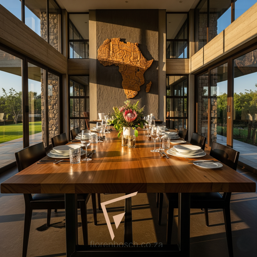A solid wood industrial dining table with architectural black steel legs in a sun-drenched, modern South African estate. A large wooden map of Africa is visible on the wall in the background under warm golden-hour sunlight.